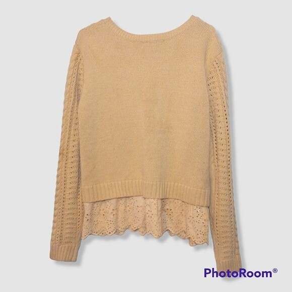 Nitt by Flying Tomato Small Cable Knit Sweater-Crochet-Eyelet-Tan-L/S-Flaw - Picture 2 of 5